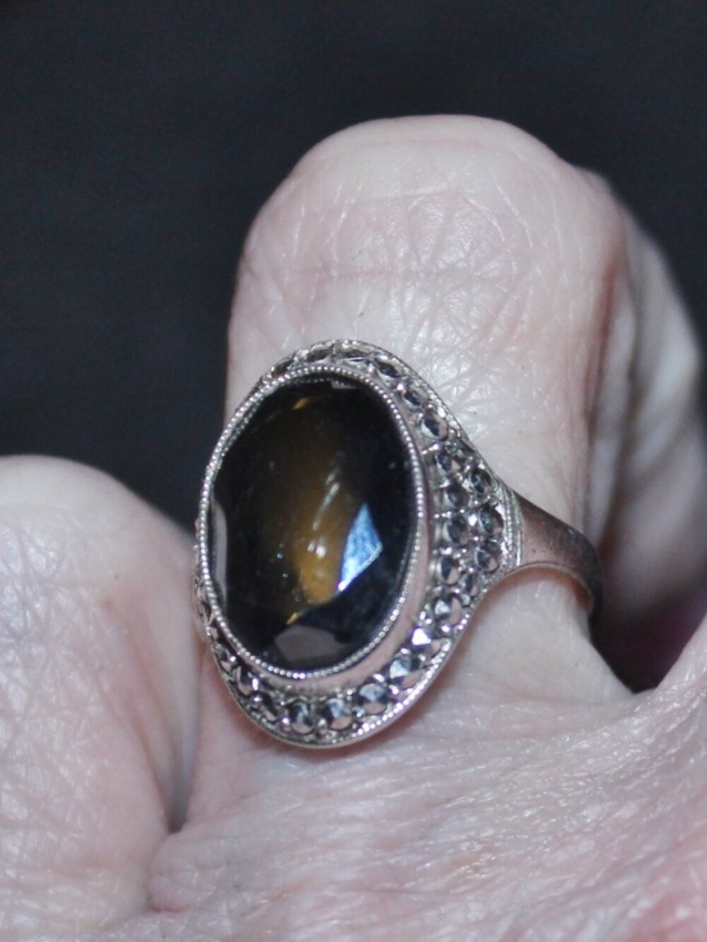 Gorgeous 925 Sterling Faceted Hematite w Marcasite Statement Cocktail Ring